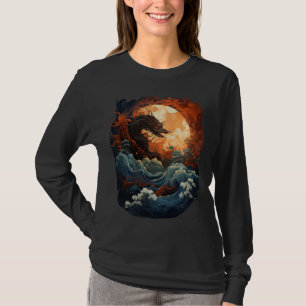 T-shirt Japonais esthétique Dragon Waves Sunset Art Vintag