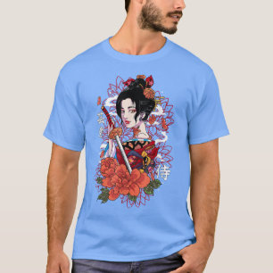 T-shirt Japonais Geisha Samurai Épée Kanji Écrire Kimono