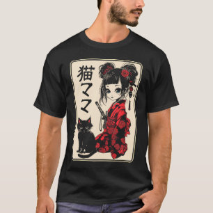 T-shirt Japonais gothique Kawaii Anime Samurai Chat Maman