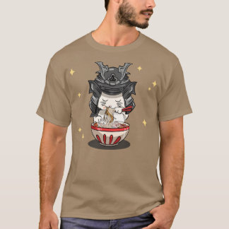 T-shirt Japonais Kawaii Samurai Neko Chat Kitten Ramen Noo