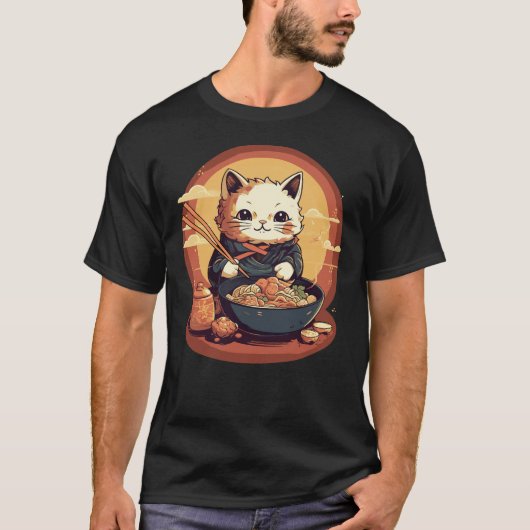 T-shirt Japonais Neko Kitty Chat manger Ramen (Devant)