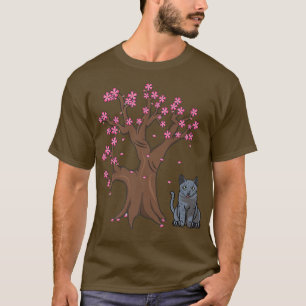 T-shirt Japonais Russe Bleu Chat Maman Fleur de cerisier
