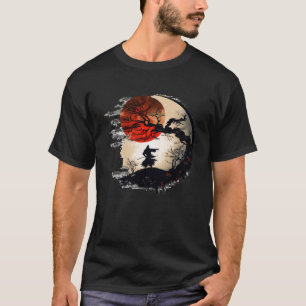 T-shirt Japonais Samurai Cerisier Fleur Rouge Lune Arbre L
