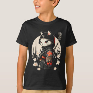 T-shirt Japonais Samurai Chat Tattoo, Kawaii Ninja Chat _1