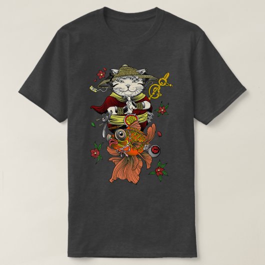 T-shirt Japonais Samurai Katana Ninja Chat et Koi poisson  (Design devant)