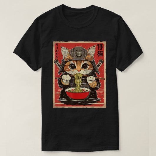 T-shirt Japonais Samurai Ninja Chat Manger Des nouilles Ra (Design devant)