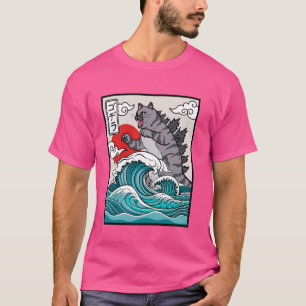 T-shirt Japonais Wave Art Sunset Monster Mème Drôle Chat
