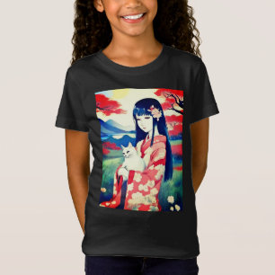 T-Shirt Japonaise avec une fille de chat blanc Tee