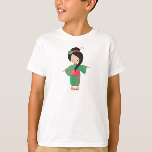 T-shirt Japonaise, Japon, fille mignonne, Kimono vert (Devant)