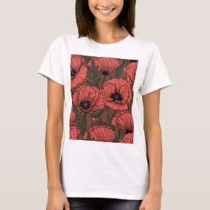 T-shirt Jardin de pavots en corail et marron