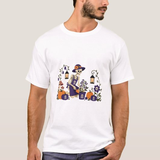 T-shirt Jardinier squelette d'Halloween Patch de citrouill (Devant)