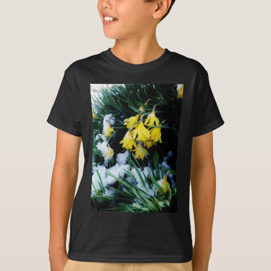 T-shirt Jaune Daffodils fleurs dans la neige (Devant)