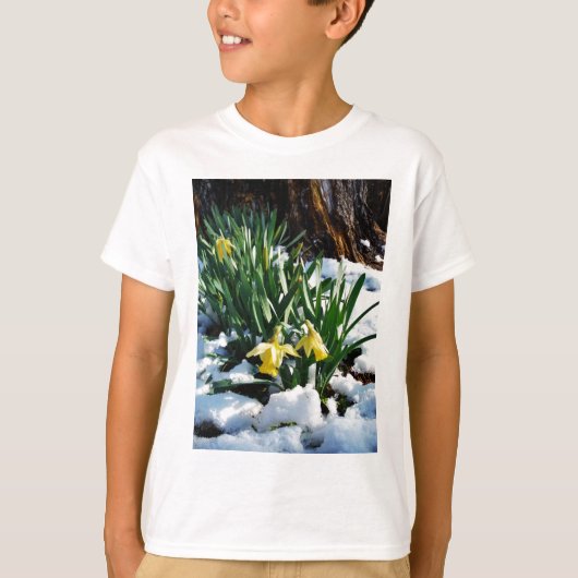 T-shirt Jaune Daffodils fleurs dans la neige (Devant)
