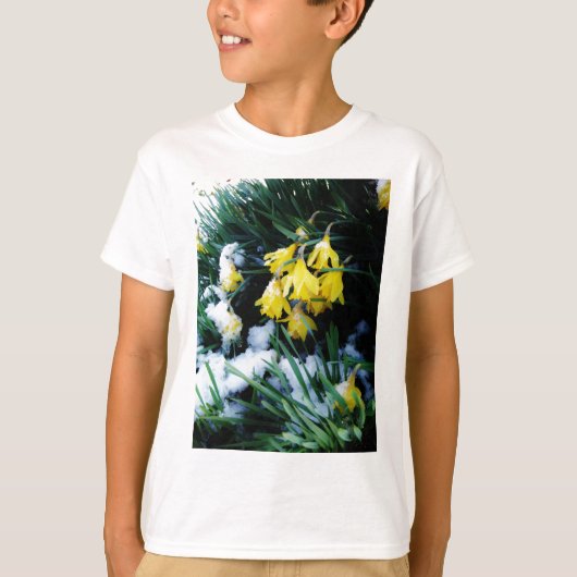 T-shirt Jaune Daffodils fleurs dans la neige (Devant)