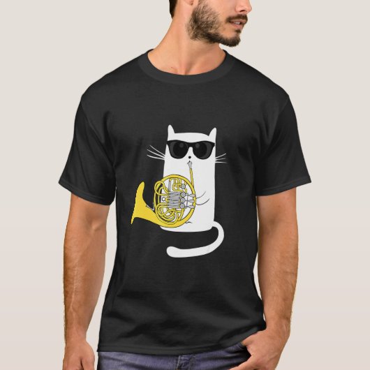 T-shirt Jazz Cat Playing French Horn Hippy Hipster Kitty (Devant)