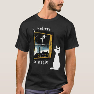 T-shirt Je crois en la magie Chat blanc vintage Linogravur