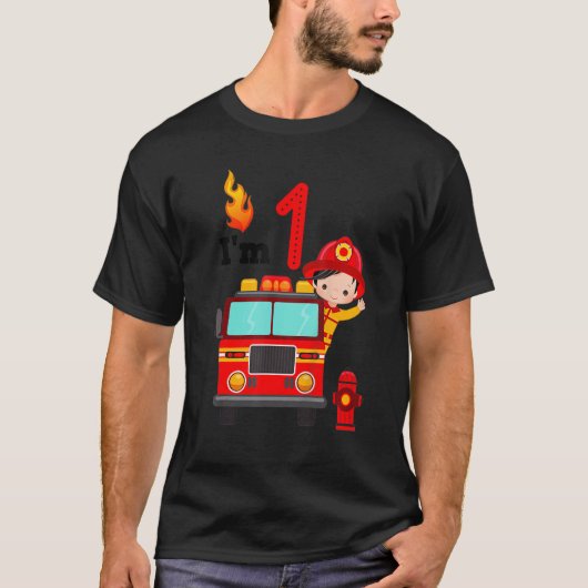T-shirt Je suis 1er anniversaire Boy Fire Engine Truck Tod (Devant)