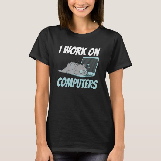 T-shirt Je Travaille Sur Ordinateurs Smart Tech Kitty Chat (Devant)