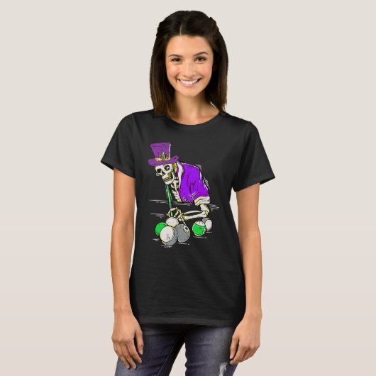 T-shirt Jester Skeleton Billiard Player Mardi Gras Cool Po (Devant entier)