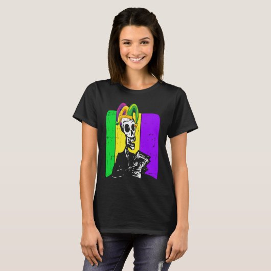 T-shirt Jester Skeleton Reading Book Mardi Gras Reader Boo (Devant entier)