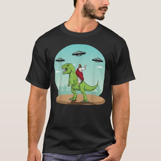 T-shirt Jésus À cheval Un Dinosaure Drôle Alien UFO Bigfoo (Devant)