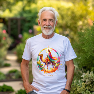 T-shirt Jésus à dos de chameau dans un paysage désertique 