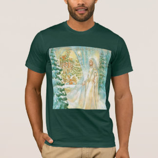 T-shirt Jésus à Noël regardant par le voile de la neige