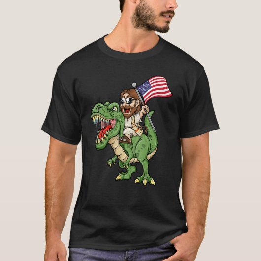 T-shirt Jesus Riding A Tyrannosaurus Rex Dinosaur USA Flag (Devant)