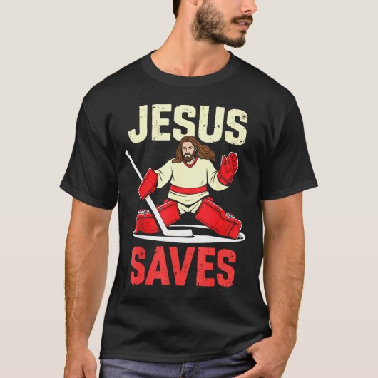 T-shirt Jesus Saves Ice Hockey Goalie Player Christian Fun (Devant)