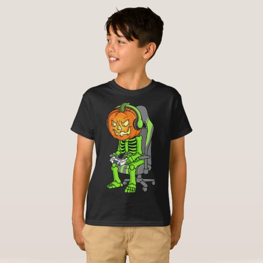 T-shirt Jeu Halloween Skeleton Jack-o'-lantern Gamer Boy (Devant entier)