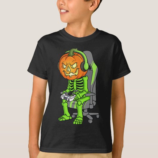 T-shirt Jeu Halloween Skeleton Jack-o'-lantern Gamer Boy (Devant)