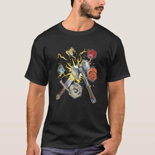 T-shirt Jeu RPG Donjons D20 Dés Hache Épée Premium (Devant)