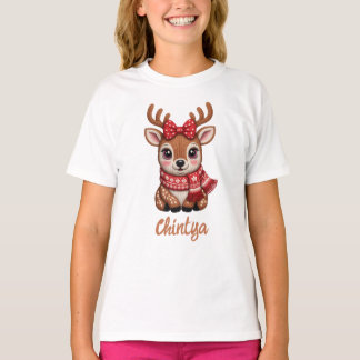 T-shirt Joli bébé renne avec écharpe rouge aquarelle