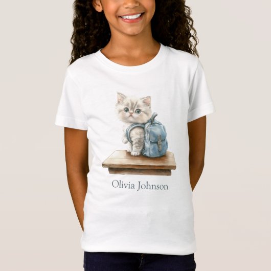 T-Shirt Joli Chat avec Cartable Personnalisé Enfant (Devant)