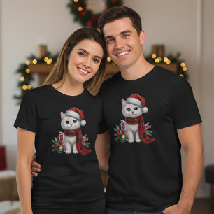 T-shirt Joli chat blanc au chapeau et à l'écharpe de Noël 