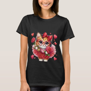 T-shirt Joli Chat Calico Lunettes en Forme de Cœur & Rose