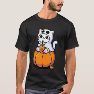 T-shirt Joli chat d'Halloween en costume de fantôme buvant