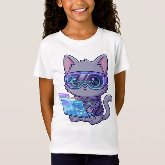 T-Shirt Joli chat hacker Cyberpunk Kawaii avec ordinateur  (Devant)