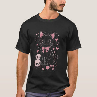 T-shirt Joli Chat Noir avec Nœud - Gothique