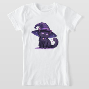 T-Shirt Joli Chat Noir Dans Un Chapeau De Sorcière Violet 