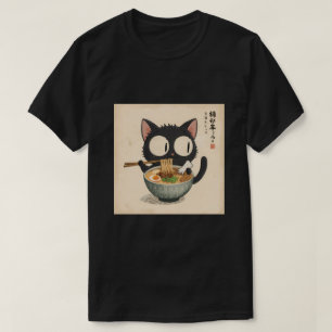 T-shirt Joli chat noir qui savoure des nouilles Ramen