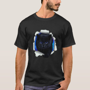 T-shirt Joli Chat Noir Yeux Bleus Mur Fissuré Chat Tissu D