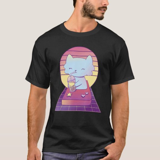 T-shirt Joli chat rétro buvant du Bubble Tea (Devant)