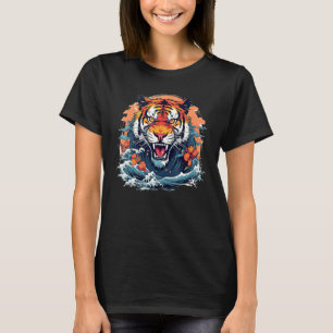 T-shirt Joli chat tigre avec vagues marines dans le style