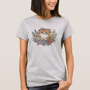 T-shirt Joli Chat Tigre Orange dans un Jardin de Fleurs