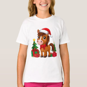 T-shirt Joli cheval de Noël avec chapeau de Père Noël