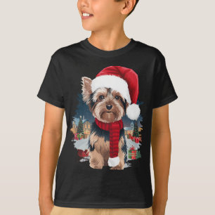 T-shirt Joli Chien Yorkie Noël Père Noël Chapeau Écharpe H