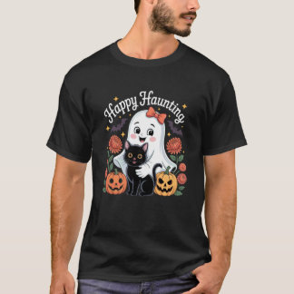 T-shirt Joli Fantôme avec Citrouille de Chat Noir Automne