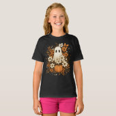 T-shirt Joli Fantôme avec Citrouille et Fleurs d'Automne – (Devant entier)