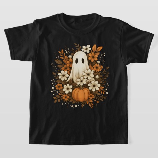 T-shirt Joli Fantôme avec Citrouille et Fleurs d'Automne – (Poser)